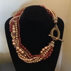 Heidi Daus Tailored Torsade  Beaded Crystal Toggle Necklace Gold Carnelian Multi